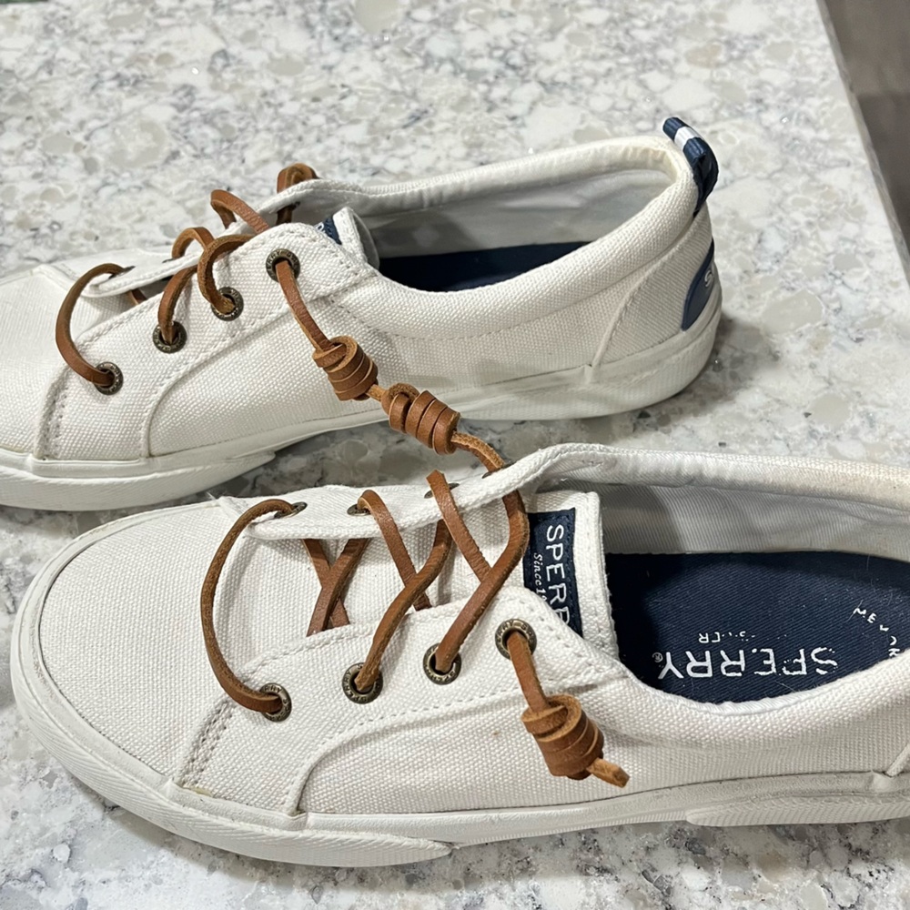 Sperry White Canvas Flats with Brown Laces